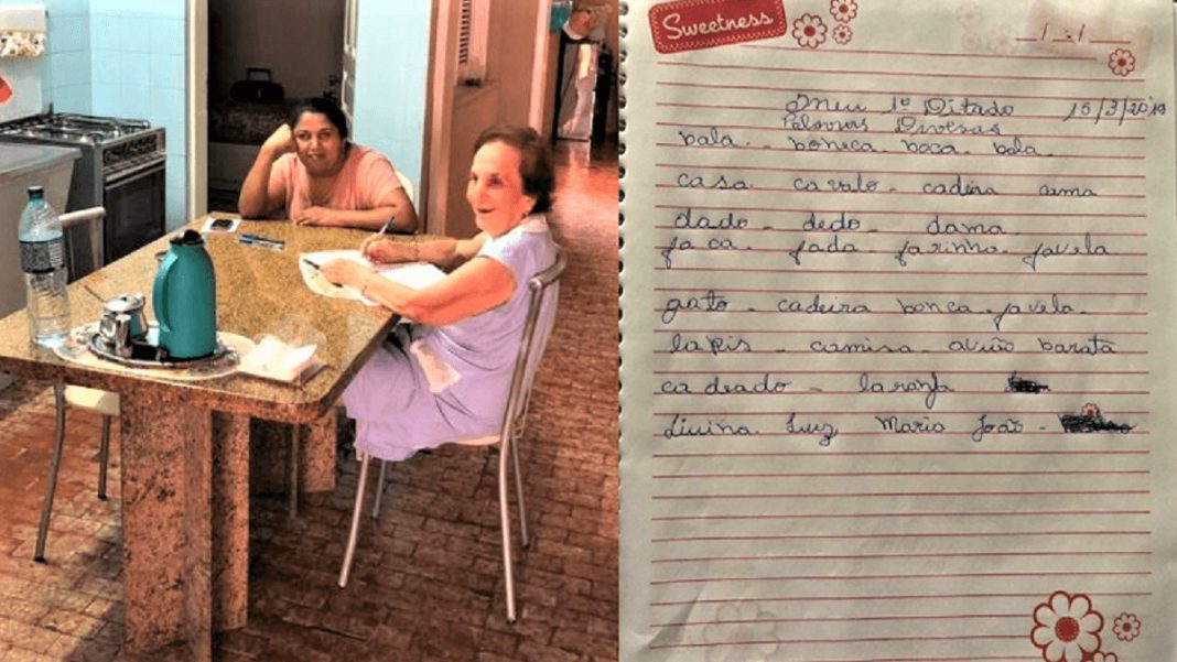 Professora aposentada de 92 anos tem melhoras na saúde ao alfabetizar sua cuidadora