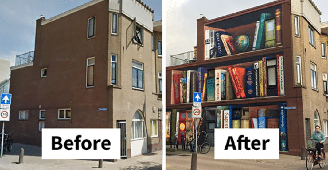 Artistas holandeses pintam estante gigante em um prédio de apartamentos com os livros favoritos dos moradores