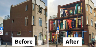 Artistas holandeses pintam estante gigante em um prédio de apartamentos com os livros favoritos dos moradores