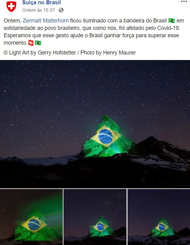 Bandeira brasileira é projetada em montanha na Suíça desejando força aos brasileiros que sofrem com a COVID-19 sensivel-mente.com - Bandeira brasileira é projetada em montanha na Suíça desejando força aos brasileiros que sofrem com a COVID-19