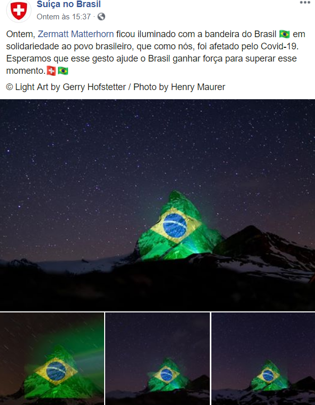 sensivel-mente.com - Bandeira brasileira é projetada em montanha na Suíça desejando força aos brasileiros que sofrem com a COVID-19