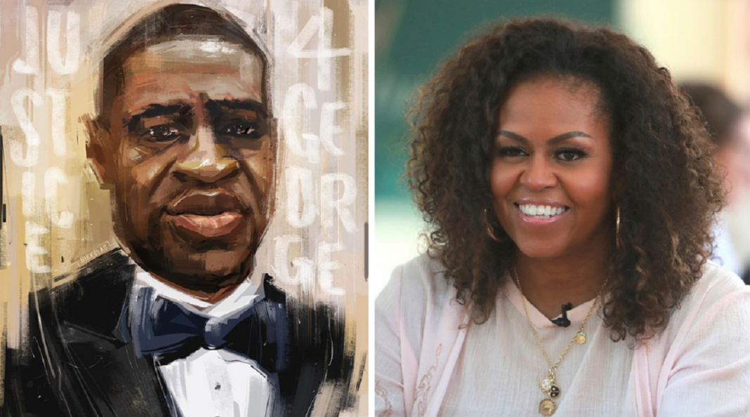 Michele Obama faz homenagem a George Floyd com um quadro pintado escrito: “Justiça a George”.