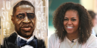 Michele Obama faz homenagem a George Floyd com um quadro pintado escrito: “Justiça a George”.