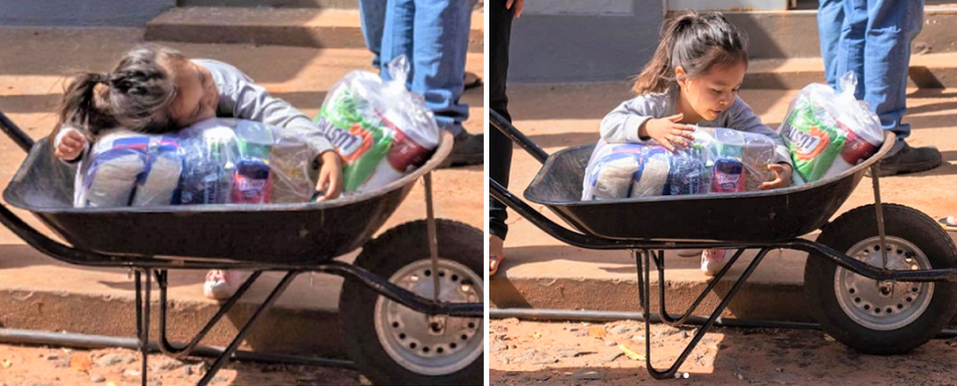 A felicidade da menina ao receber uma cesta básica, ela abraça e olha detalhadamente tudo que tem dentro