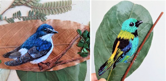 Aves brasileiras bordadas em folhas secas, aprecie esta arte!