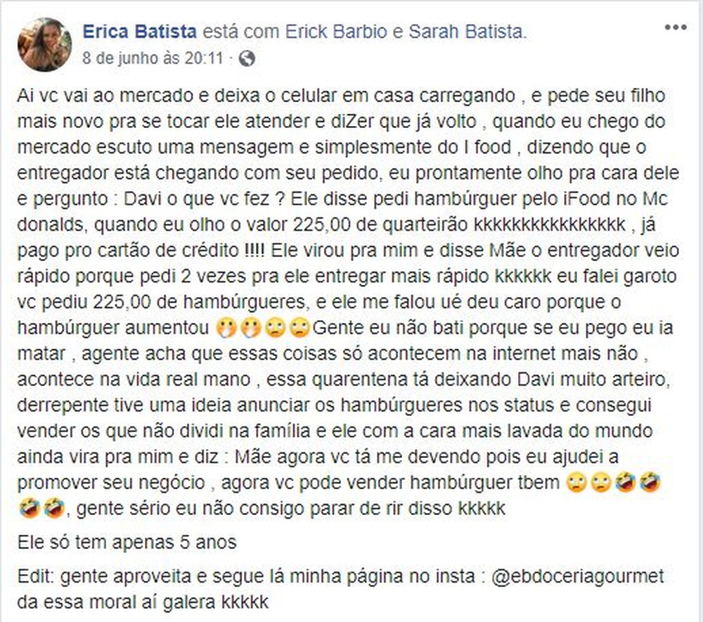 sensivel-mente.com - Garotinho de 5 anos pede R$ 225 de hambúrgueres usando o celular da mãe e ainda fez o negócio da família bombar