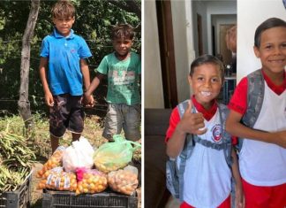 Irmãos que vendiam legumes na estrada vão à escola pela 1ª vez. Eles têm uma casa nova