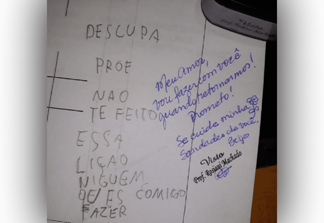 Bilhete de aluna na folha da lição comove professora e a internet