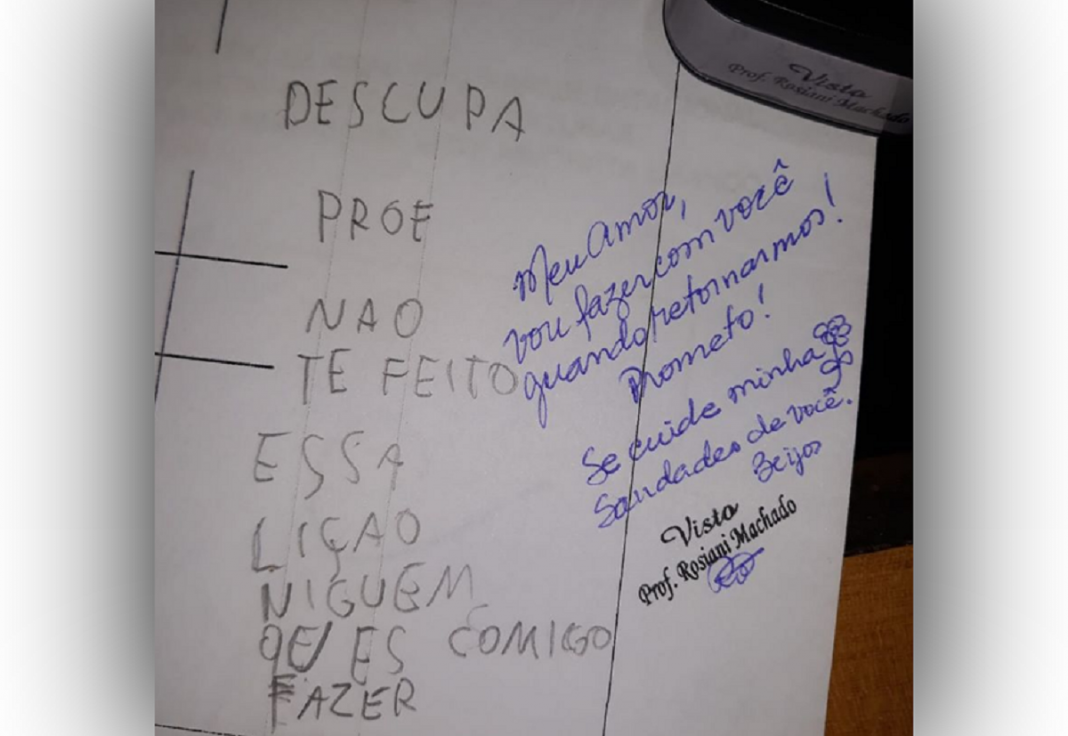 Bilhete de aluna na folha da lição comove professora e a internet