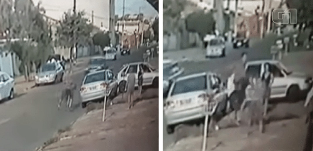 Um homem dá uma voadora em uma mulher durante uma briga de trânsito, Franca, SP, Vídeo