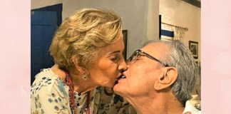 Tarcísio Meira e Glória Menezes “trocam beijo romântico” em casamento de 59 anos