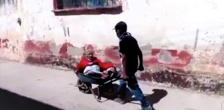 Vídeo mostra filho carregando sua mãe de 100 anos em um carrinho de mão para vaciná-la.