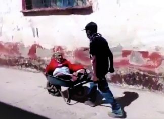 Vídeo mostra filho carregando sua mãe de 100 anos em um carrinho de mão para vaciná-la.