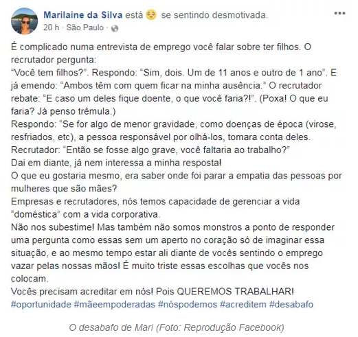 sensivel-mente.com - Durante entrevista de seleção, mãe foi questionada diante dos candidatos: “Faltaria ao trabalho se o filho ficasse doente? ”