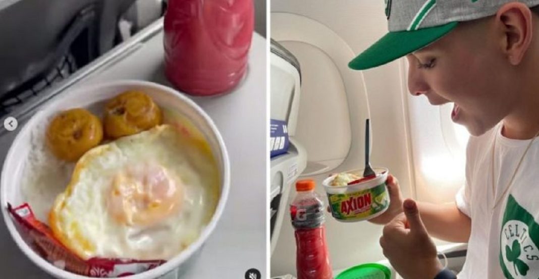 Rapaz almoça marmita de arroz com ovo em viagem de avião: “Comida da Mamãe”