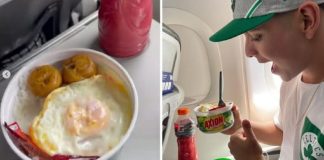 Rapaz almoça marmita de arroz com ovo em viagem de avião: “Comida da Mamãe”