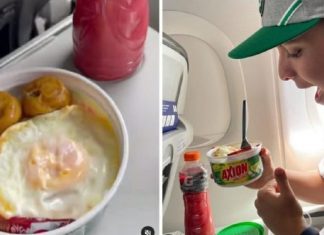 Rapaz almoça marmita de arroz com ovo em viagem de avião: “Comida da Mamãe”