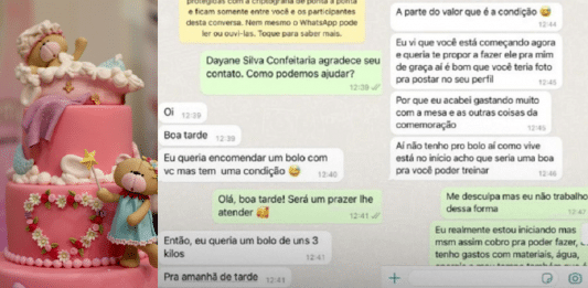 A mulher tentou persuadi-la a fazer um bolo de 3kg de graça, alegando que Dayane estava começando na área. Diante da recusa firme da confeiteira, a cliente a ofendeu