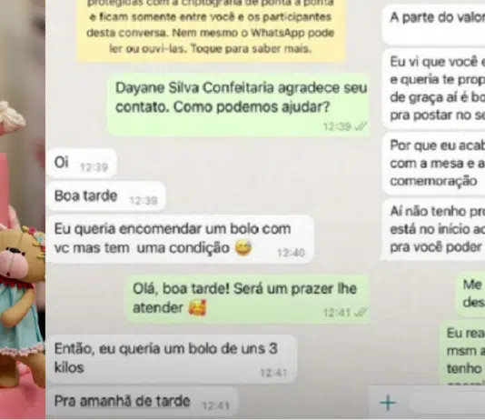 A mulher tentou persuadi-la a fazer um bolo de 3kg de graça, alegando que Dayane estava começando na área. Diante da recusa firme da confeiteira, a cliente a ofendeu